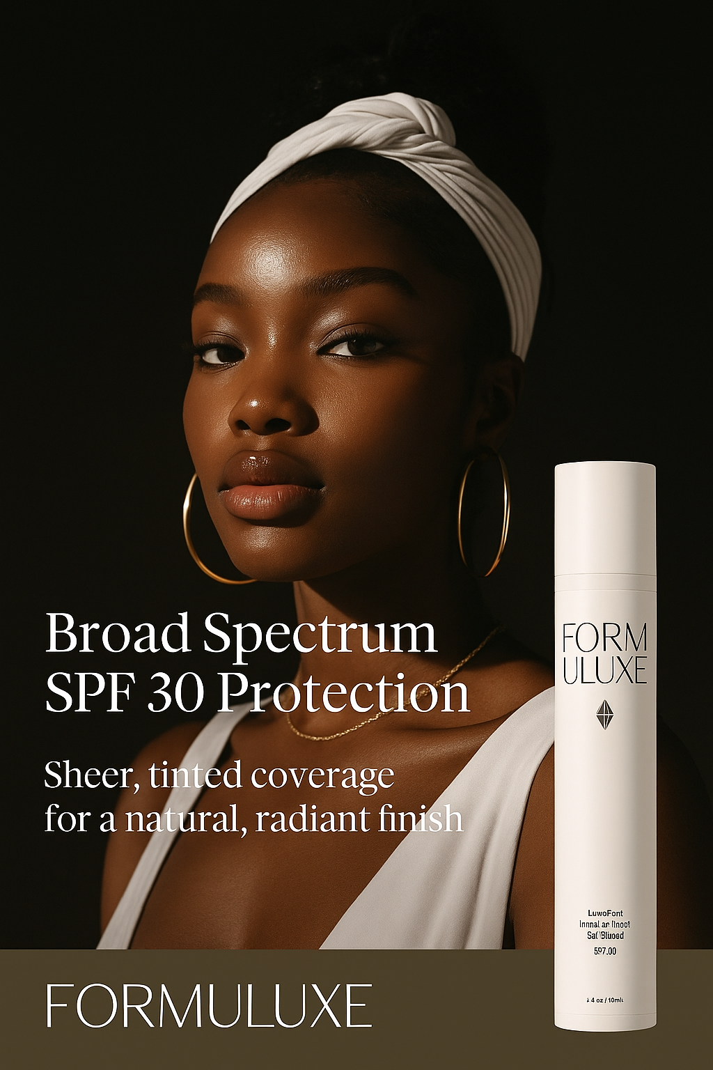 Woman with a white headscarf and FORMULUXE product on a dark background