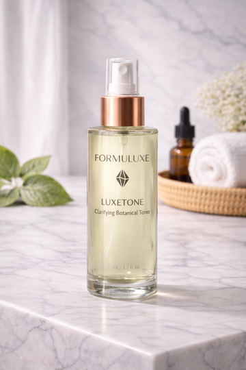 Formuluxe Luxetone skincare bottle on a marble surface with a neutral background