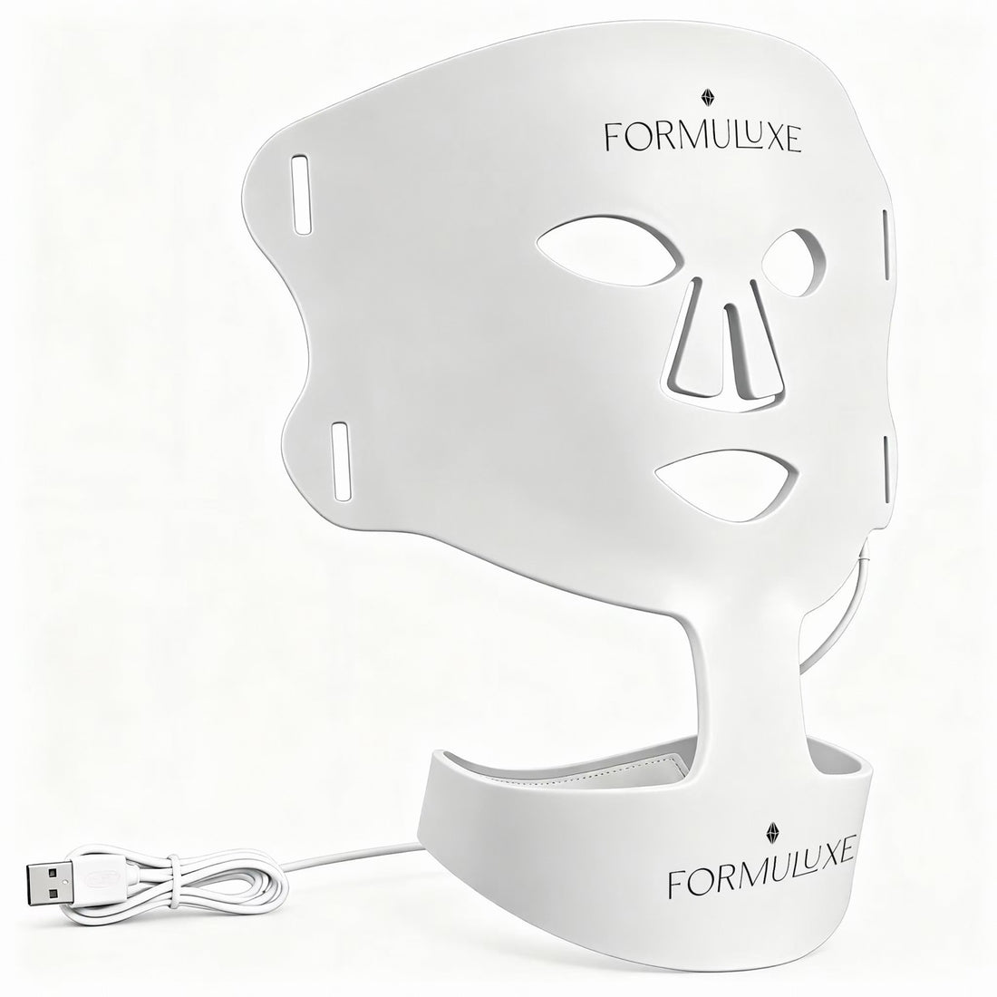 White facial mask with charging cable on a white background, featuring the Formuluxe brand.